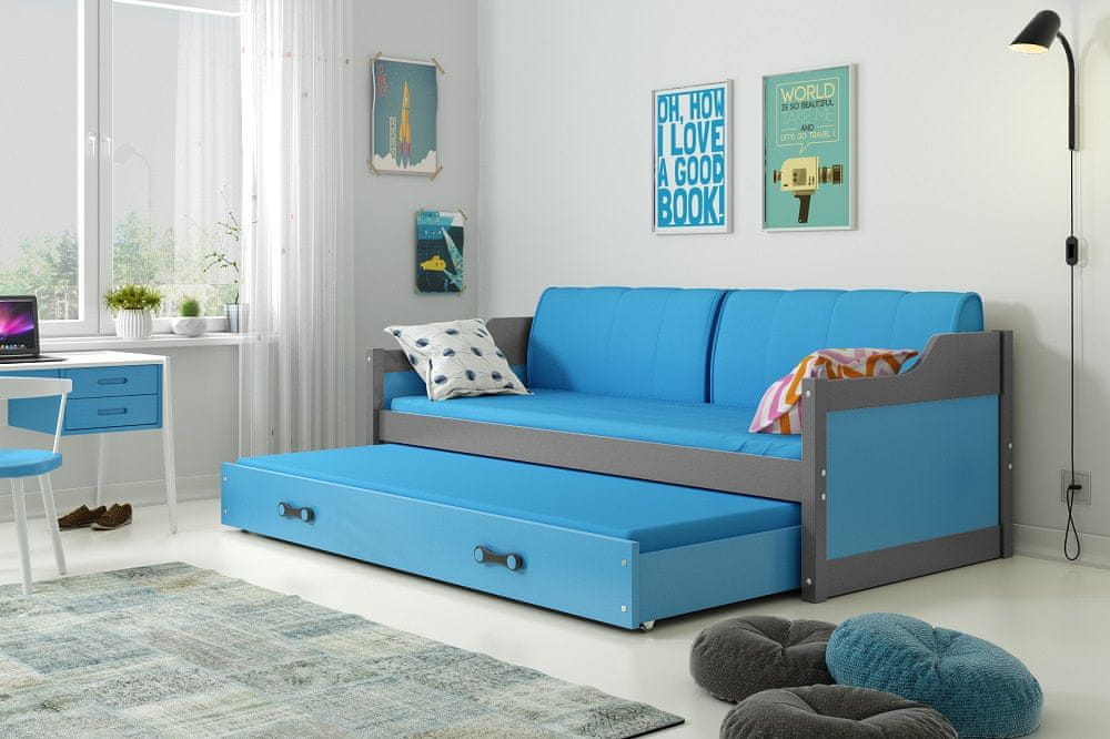 eoshop Detská posteľ David - 2 osoby, 80x190 s výsuvnou prístelkou - Grafit, Modrá